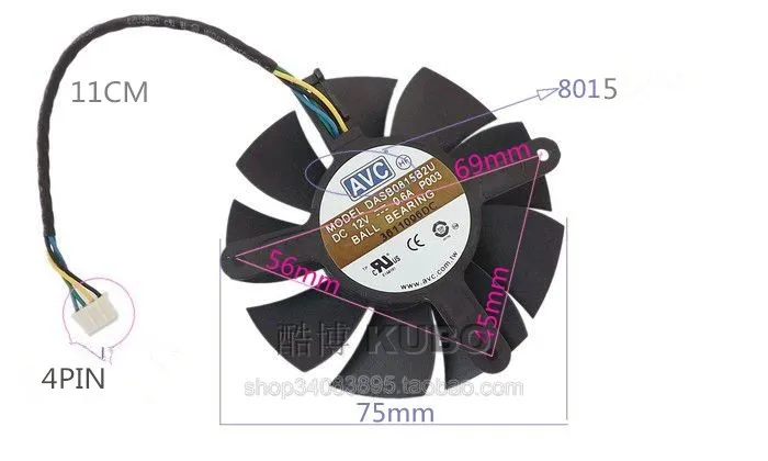 75mm For AVC DASB0815B2U 12V 0.6A Graphics Card Cooling Fan 4pin 45*56*69mm Processor Cooler Heatsink | Компьютеры и офис