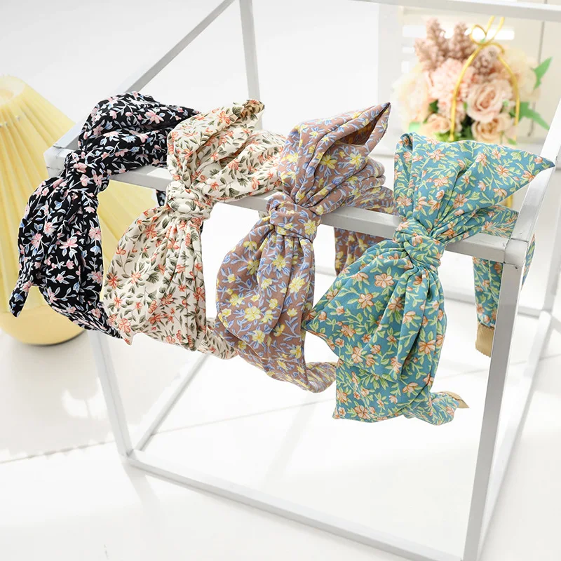 

2021 printing floral headband lovely ins fabric headdress sweet little broken Flower Bows Headband female rabbit ears hairbands