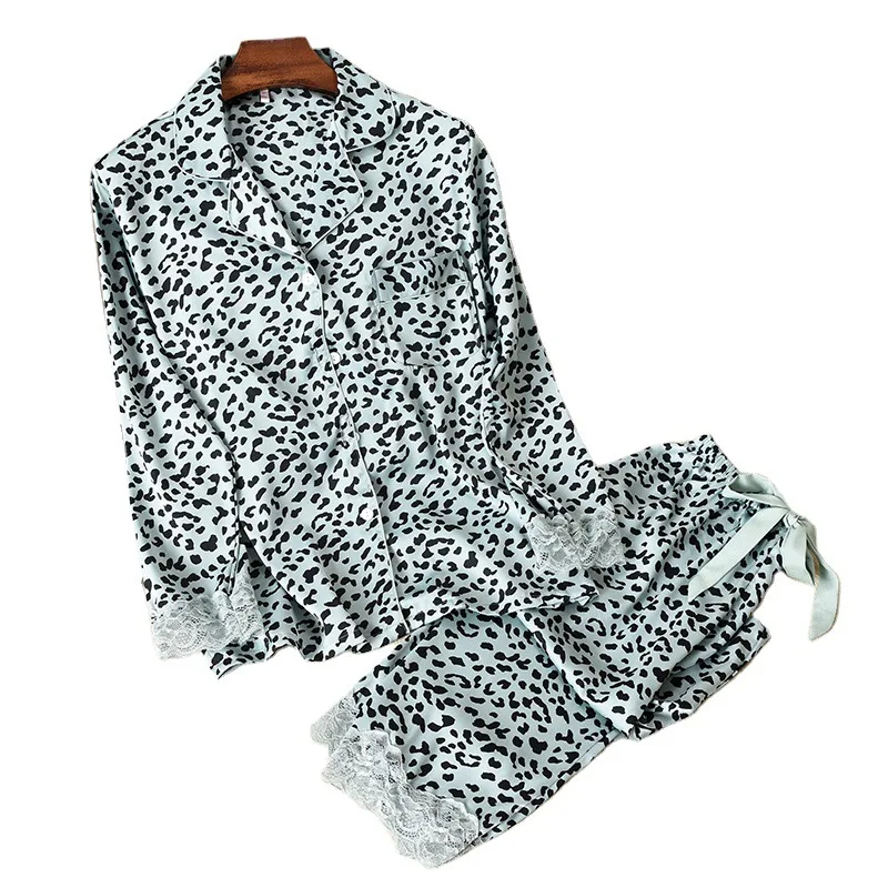 

Leopard 2PCS Sets For Women Pajamas Sui Satin Long Sleeve Pajamas Suit Women Spring New Thin Sleepwear Loose Home Clothing