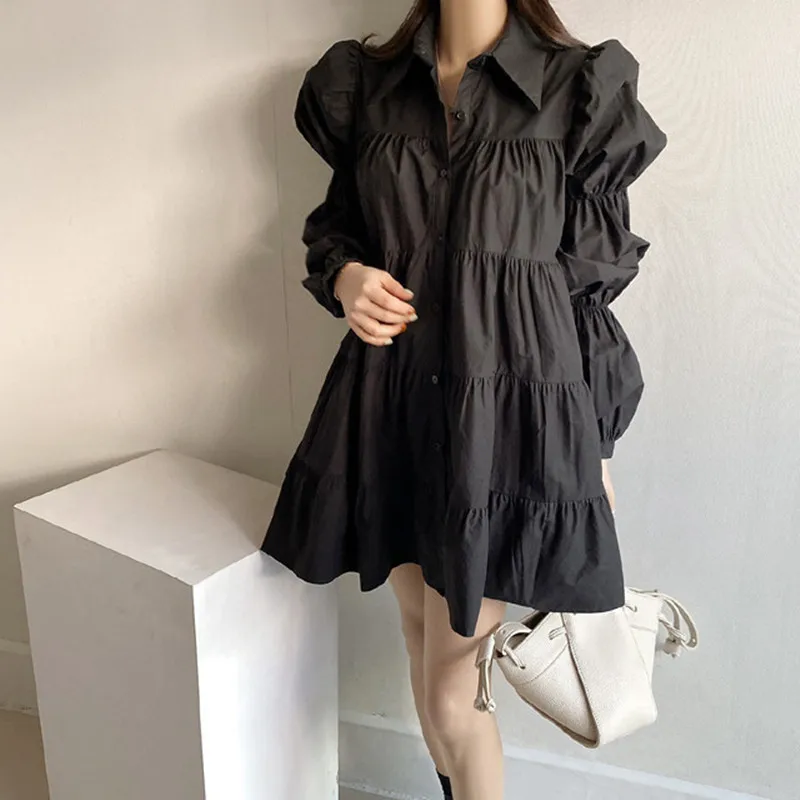 

PLAMTEE 2022 New Autumn Women Cake Dress Lantern Sleeve Turn Down Collar Solid Color Fashion Casual Gentle All-Match Thin