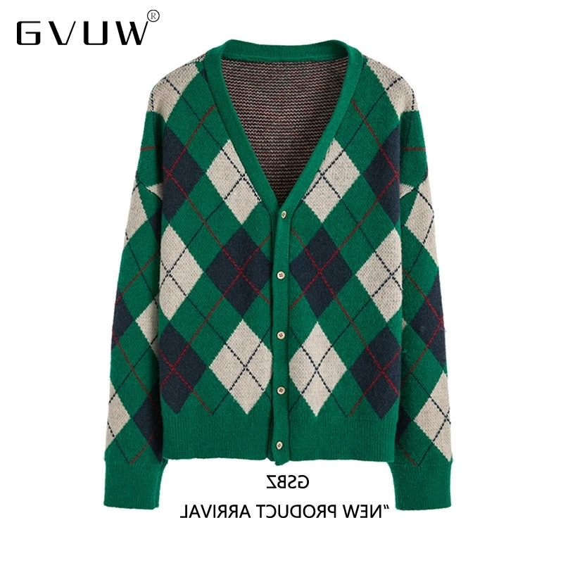 

Новинка 2021, цветной ромбовидный клетчатый вязаный кардиган GVUW, женская осенняя одежда, свободный тонкий свитер, пальто для ленивых