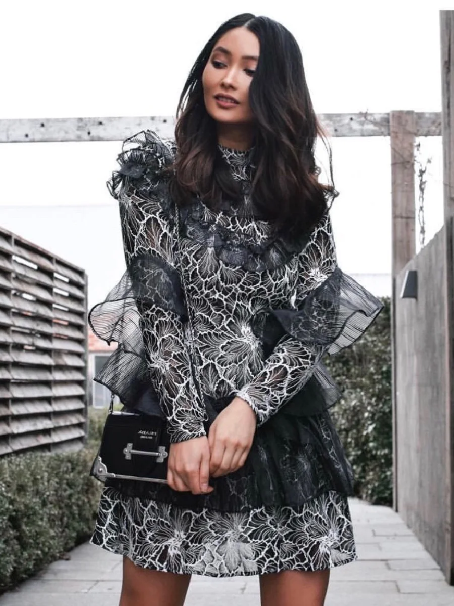 

Summer Ladies Net Yarn 3D Printing Ruffles Pleated Dress 2020New Women's Ruffle Sleeves Fashion Party Elegant Sweater, Skirt Bin