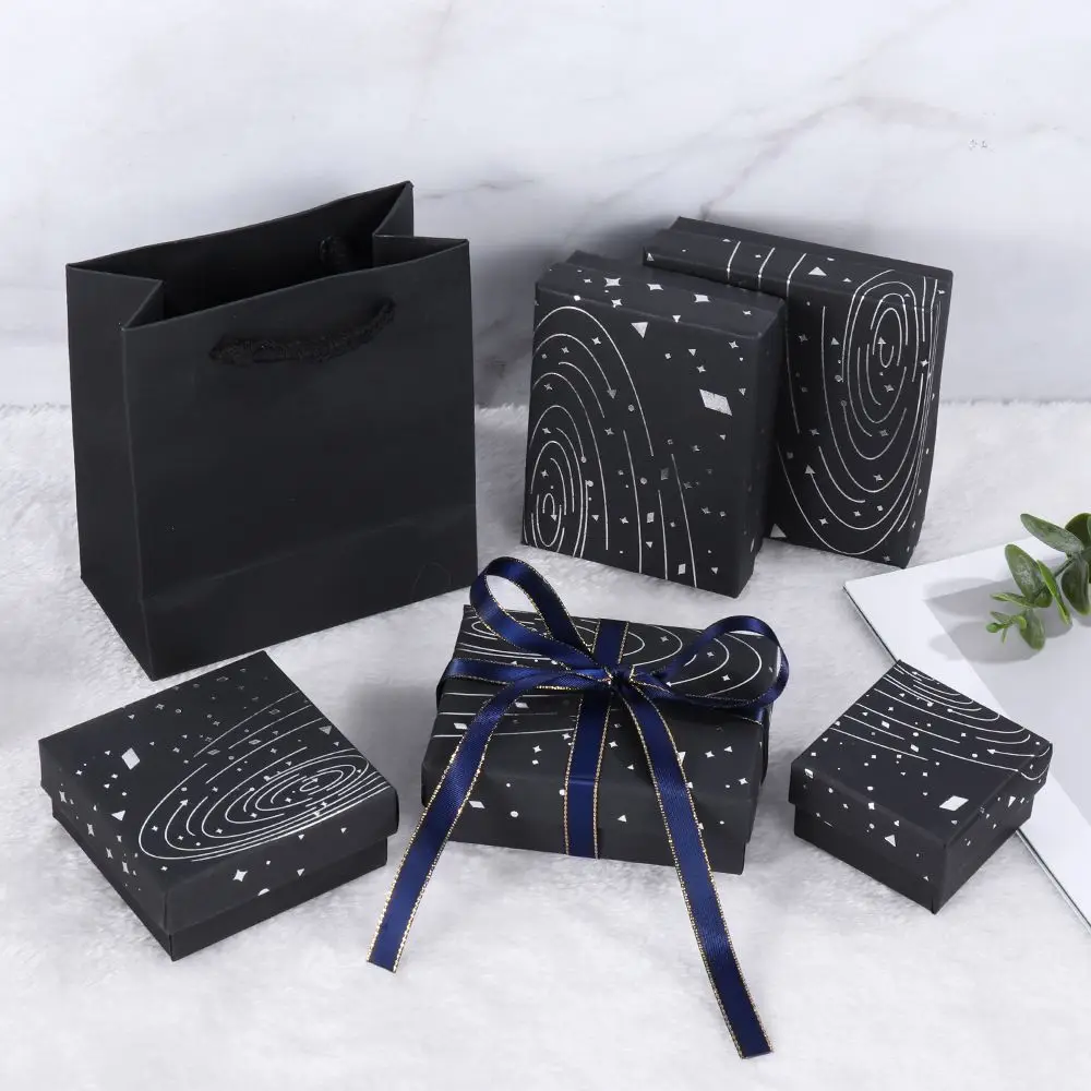 

Dreamy Gift Box Star Silver Jewelry Box for Jewelry Earrings Ring Necklace Bracelet Black Gift Bag Carton With Blue Gold Ribbon
