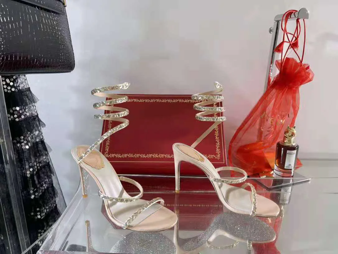 売る 女性用蓄音機サンダル,95mm,9.5cmヒール,光沢のあるガラス,スパイラルストラップ,クリスタル,キラキラ