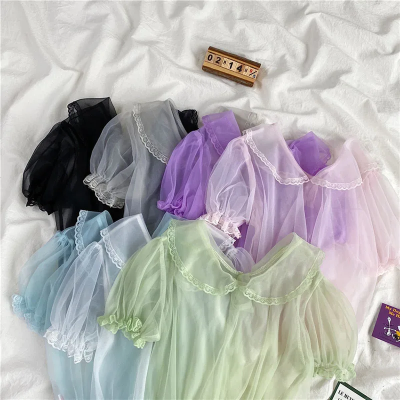 Женские прозрачные сетчатые Топы с коротким рукавом милые кружевные в стиле