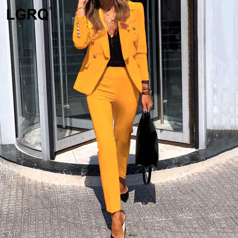 

Женский брючный костюм с широкими штанинами LGRQ, красный повседневный костюм из двух предметов с длинным рукавом и английским воротником, Ос...