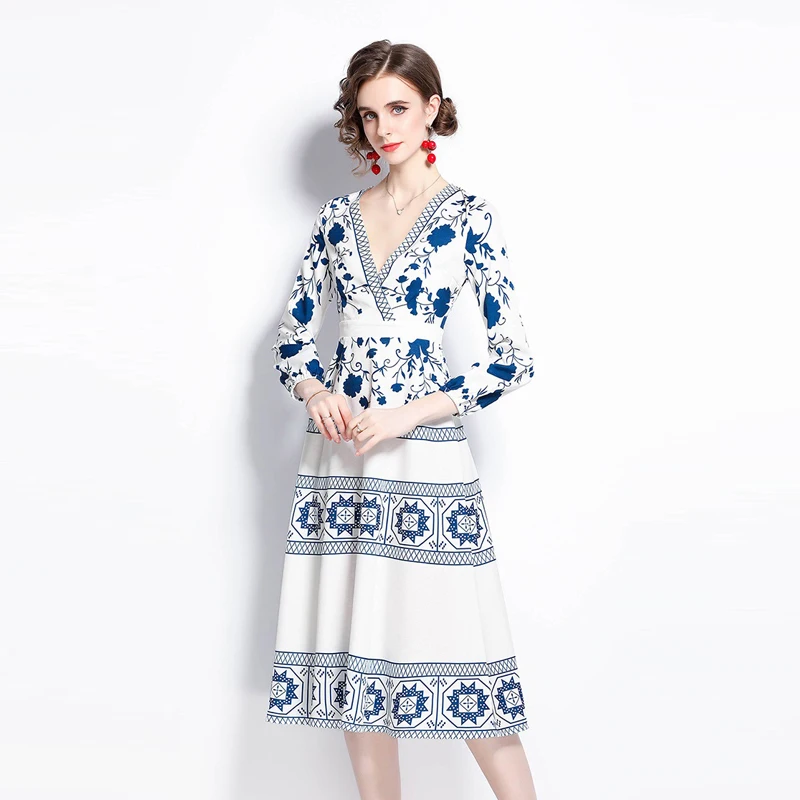

Vetement Femme 2021 Newest Summer Dress Deep V-Neck Vestidos De Verano Palace Floral Print Long Sleeve Elgant Party Midi Dress