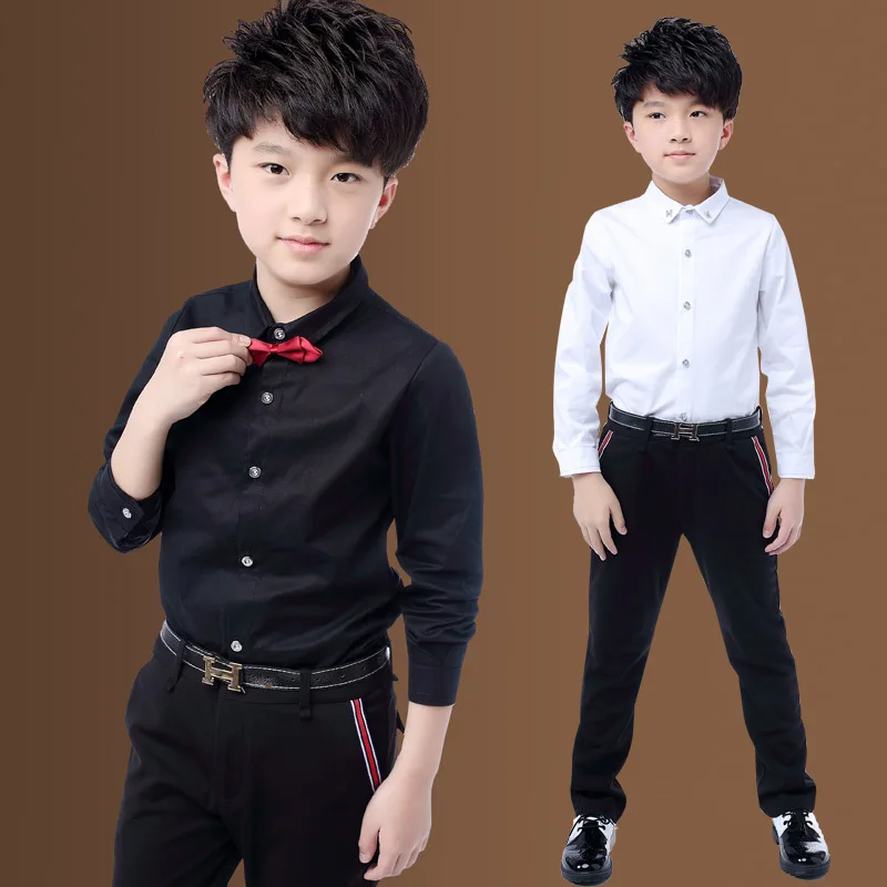 

Fashion Children Boys Shirts 100% Cotton White/Black Kids Long Sleeve Tie Tops For School Boys Size 110-170 Performing Costumes