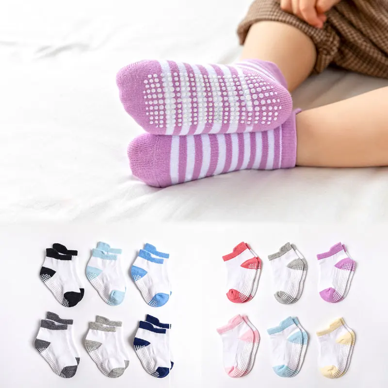 

6 Pairs/lot 0 to 5 Yrs Cotton Children's Anti-slip Boat Socks For Boys Girl Low Cut Floor Kid Sock With Rubber Grips Four Season