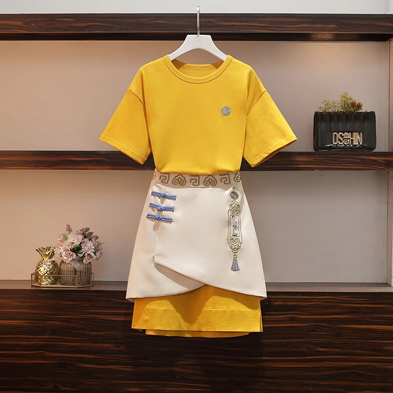 

Casual women yellow suit dress 2021 summer new fashion Chinese style embroidery O neck long T shirt top and irregular skirt sets