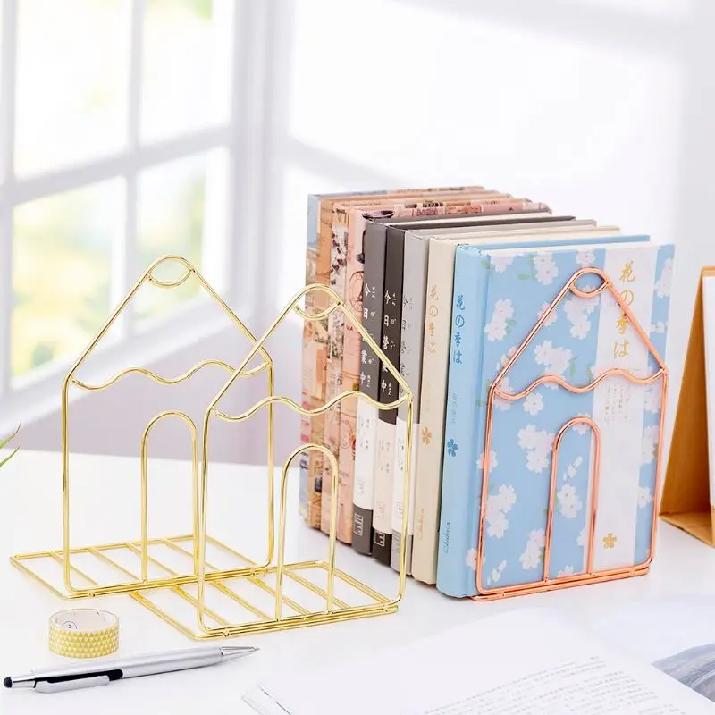 

2Pcs/Pair Creative House Shaped Metal Bookends Book Support Stand Desk Organizer