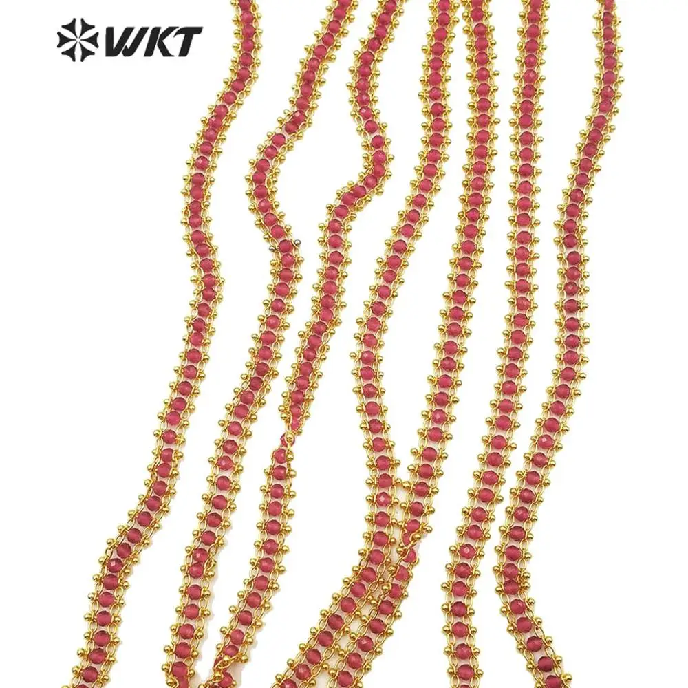 

WT-RBC119 Natural Stone Chain Red Stone Beads With Gold Electroplated Chain 3MM Beads Rosary Chain 10 meters For Jewelry Making