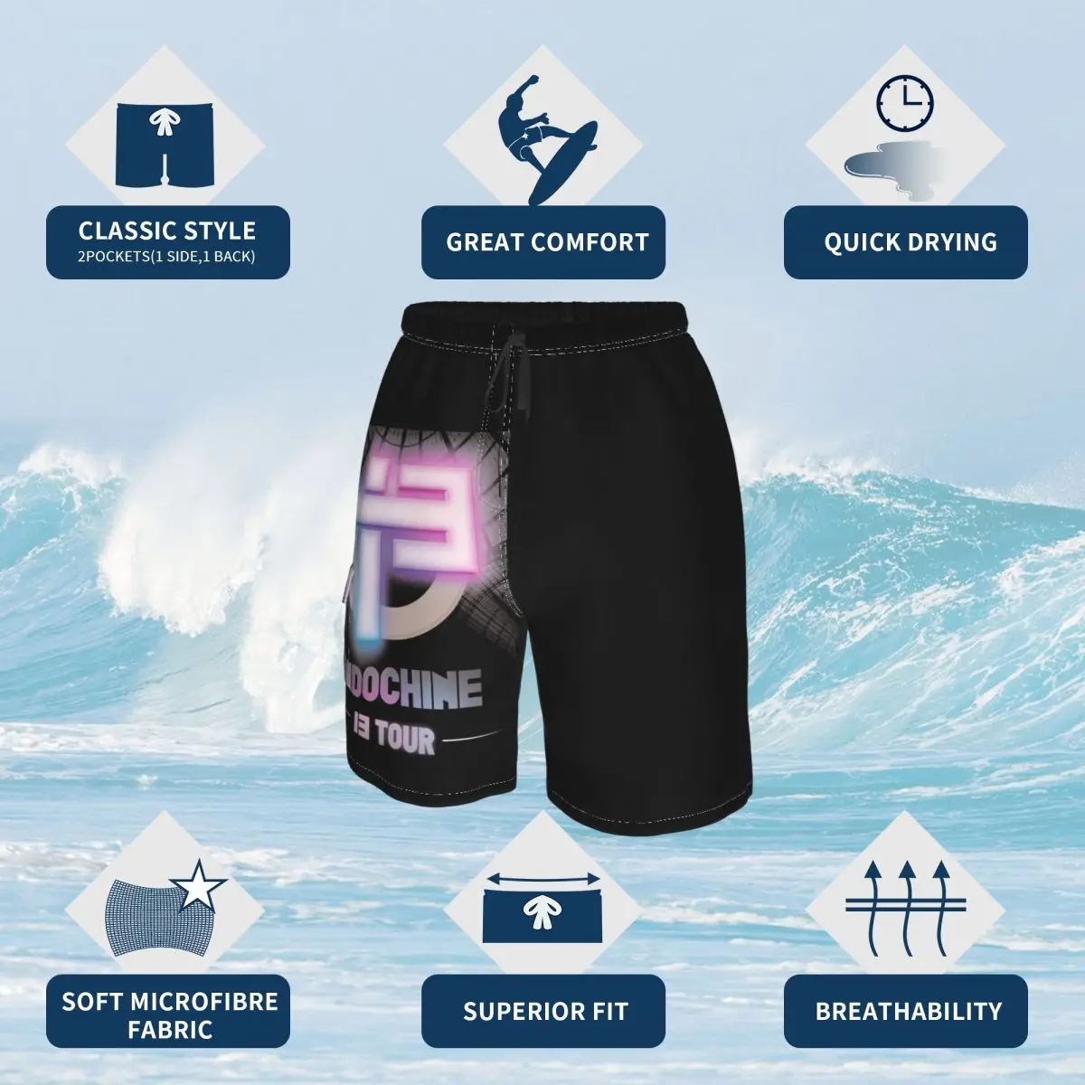 

Indo Chine Most Popular Band Rock Indochine Is Promo Male Shorts Pocket beach pants Beach R145 Breathable Quick Dry Print Cute