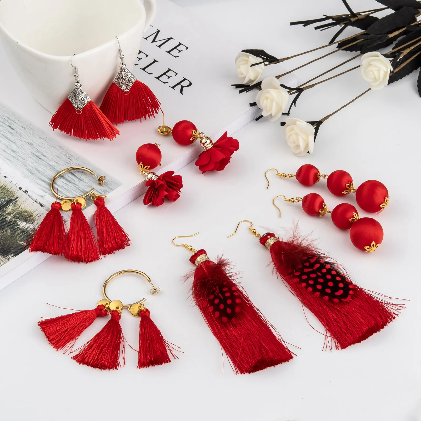 

Red Tassel Pendants Earrings DIY Kits with Fabric Covered Beads Stud Earring Head Pin for New Year Valentines Day Jewelry Making