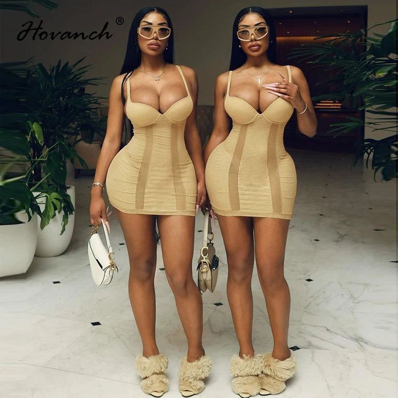 

Hovanch Solid Color Stitched Dark V Sling Backless Sleeveless Tight Miniskirt 2022 Spring Midnight Party Club Dress