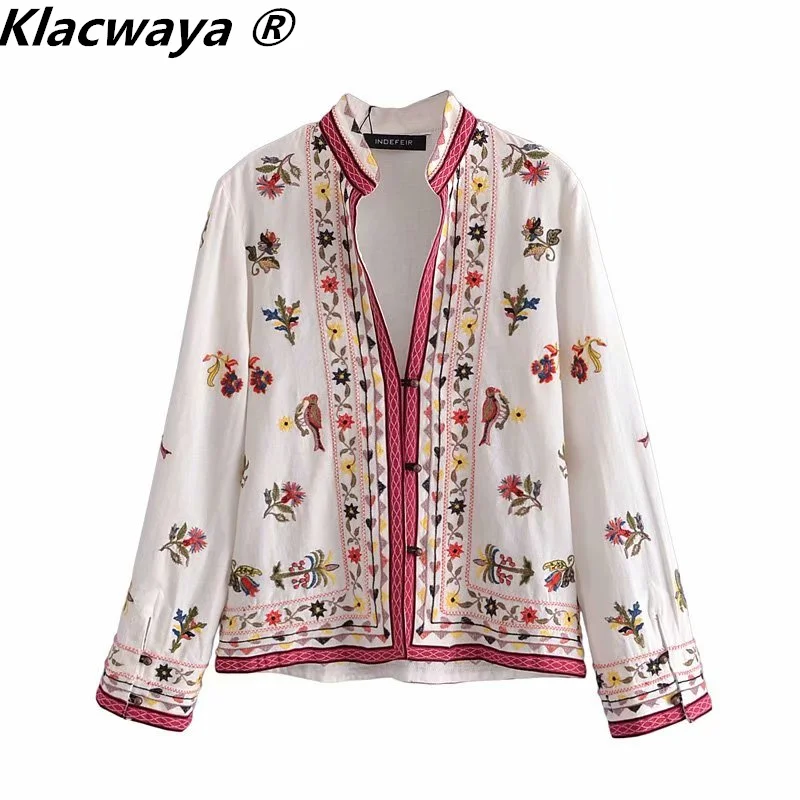 

Klacwaya Women 2021 Fashion Flowers Embroidered Cotton Shirt Female Vintage National Style Shirt V-Neck Single-Breasted Blouses