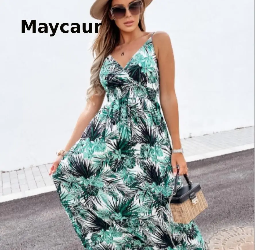 

Летнее женское шифоновое платье с круглым вырезом и принтом