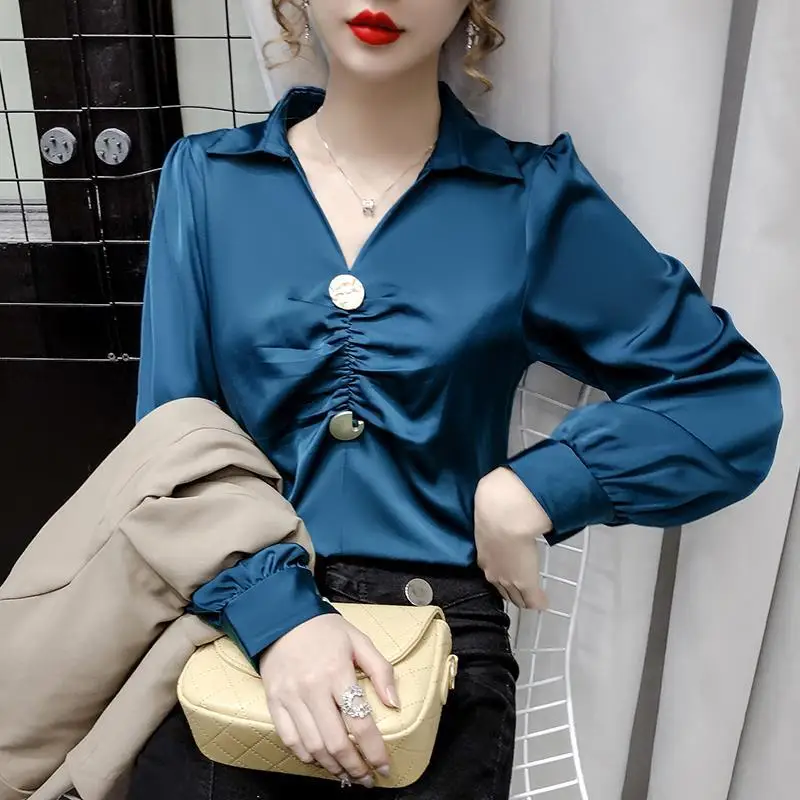 

Blouse Women Chiffon Shirt Women's Spring Autumn Long Sleeve V-neck Puff Sleeve Top Blusas Mujer De Moda