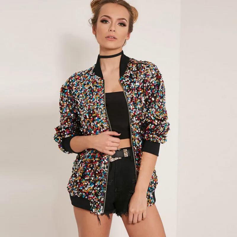 Куртка-Авиатор с цветными блестками для клубов бейсбольное пальто на молнии