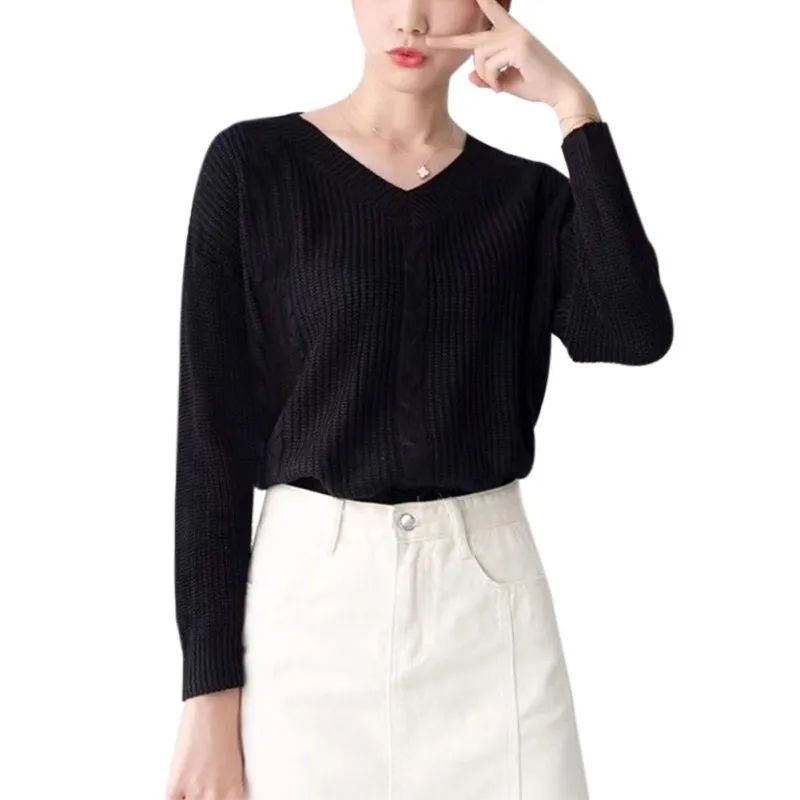 

Women Retro Solid Color Sexy Long Sleeved V-neck Long Knitwear Sweater Loose Tops Pink Blue Black White
