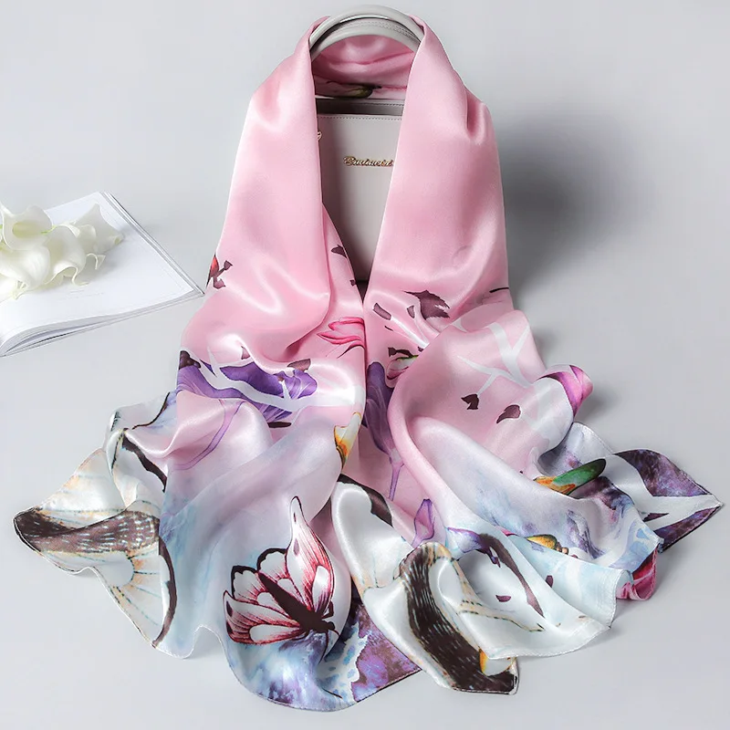 Light Pink Шелковый шарф для женщин Цветочный платок с принтом хиджаб шарфы женские 170*50 см шали и обертывания элегантные шейные шарфы для женщин - Цвет: Light Pink
