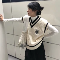 autumn winter chic retro college style girls v neck sleeveless embroidered sweater vest korean style school girl uniform