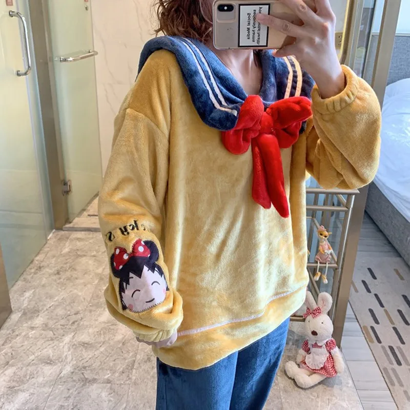 

Winter Pajamas For Women Japan Cartoon Chi-bi Sailor Callor Pyjama Suit Kawaii Lolita Girls Flannel Sleepwear Party Costume