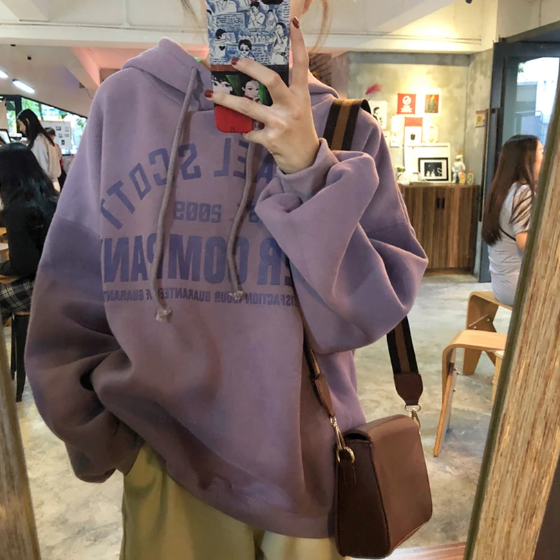 purple Зимний шикарный Harajuku винтажный консервативный стиль с капюшоном плюс бархатная толстовка женская мода Свободный с капюшоном Повседневная Женская толстовка - Цвет: purple