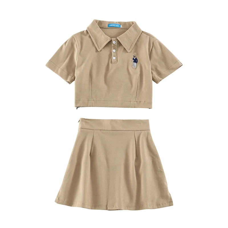 

Kimutomo Women Two Piece Sets 2021 Summer Fresh Style Girls Turn-down Collar Short Sleeve Tops Elastic Waist A-line Solid Skirts