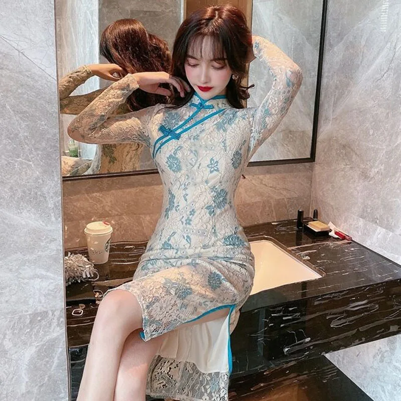 Женское элегантное платье с длинным рукавом в китайском стиле Cheongsam женское