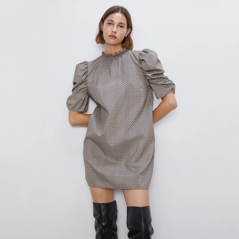 Новое платье в клетку ZA со складками для женщин Модный Стенд воротник короткий