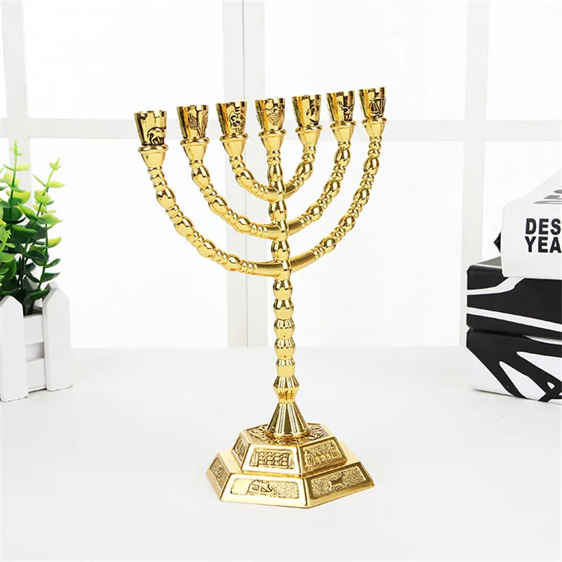 

Israel Golden candle holder home decoration Candlestick church Christian Gifts Alloy Crafts 7 Baranch bougeoir religious jewelry