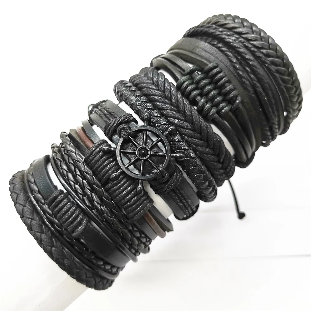 Панк модный Бохо черный кожаный браслет Мужчины переплетение с узором мужские