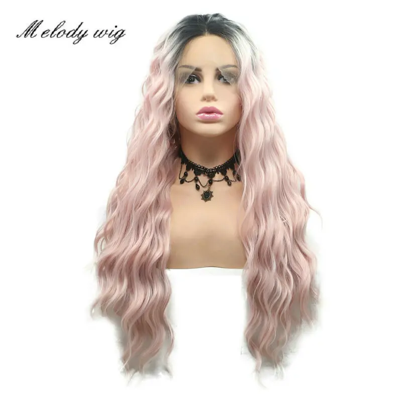 Melody Synthetic Dark Root Ombre Pink Long Water Wave Lace Front Wig Heat Resistant for Women Natural Looking Daily Wear Cosplay