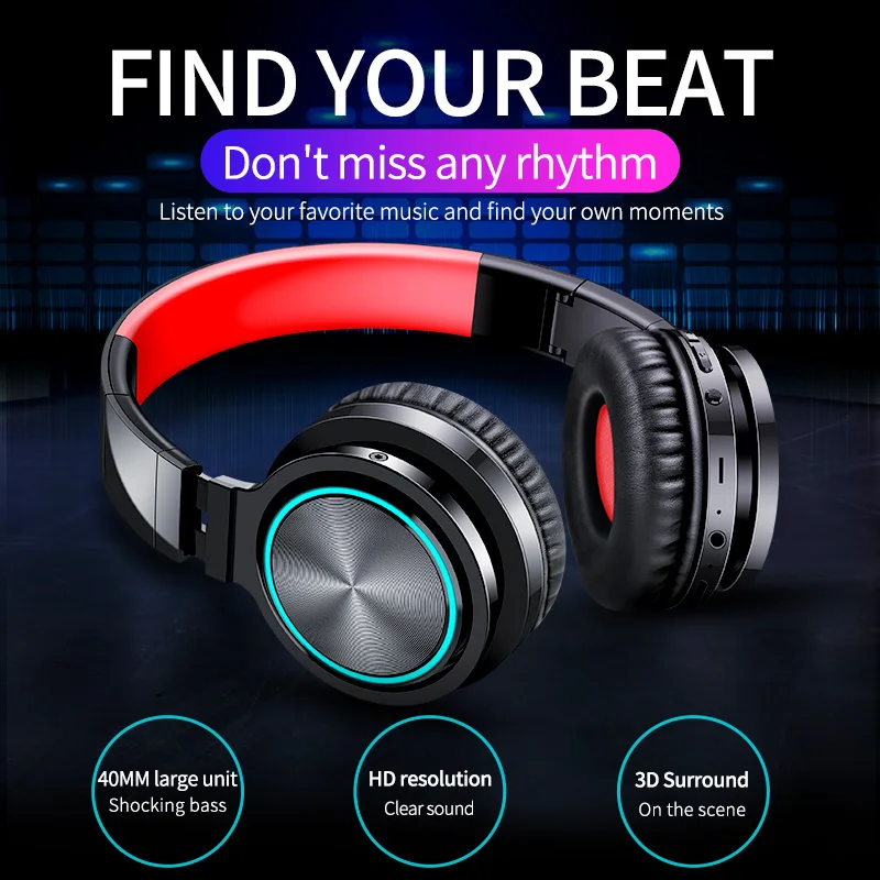 

Picun B12 Wireless Headphones Bluetooth 5.0 Headphone with 7 Color Led Light 36H Play time Supoort TF card Headset for Phone PC