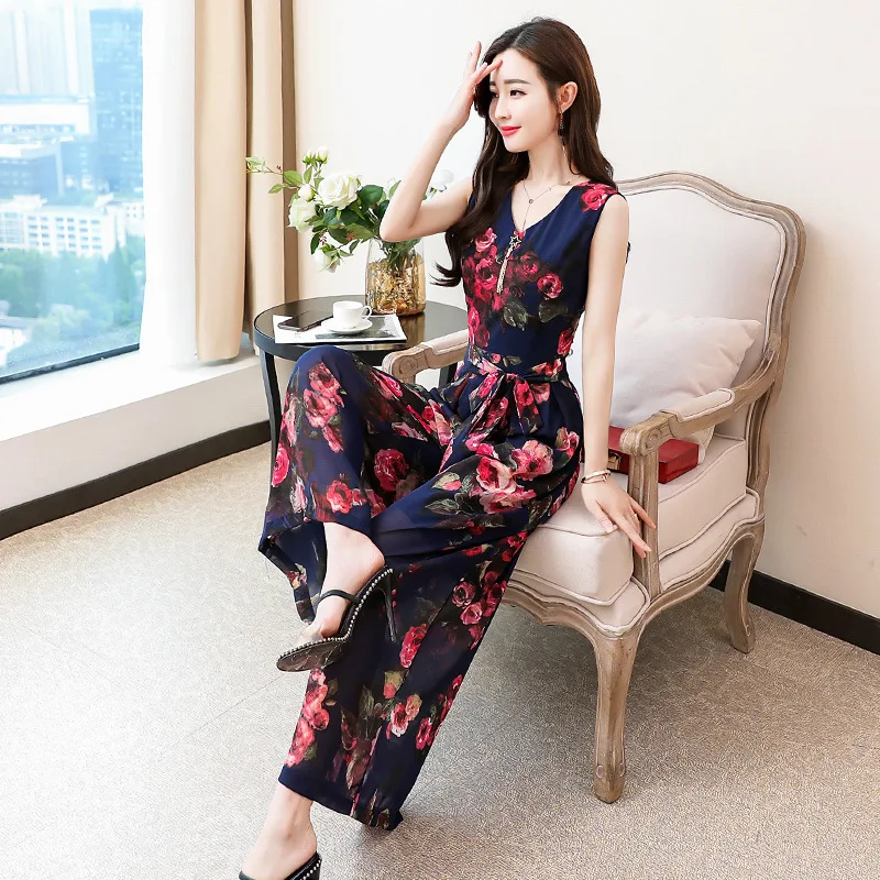 

Fashion Sleeveless Print Chiffon Jumpsuit Wide Leg Pants Women Summer High Waist Office Rompers Plus Size 4XL Boho Overalls
