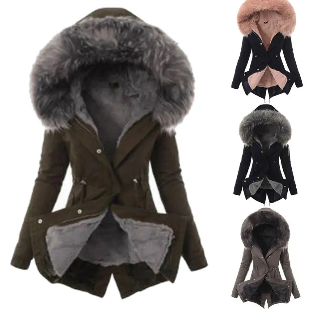 

Winter Warm Cotton Jacket Women Big Fur Hoodie Down Jacket Long Coat Lady Casual Padded Jacket Solid Hooded Outwear Overcoat 3XL