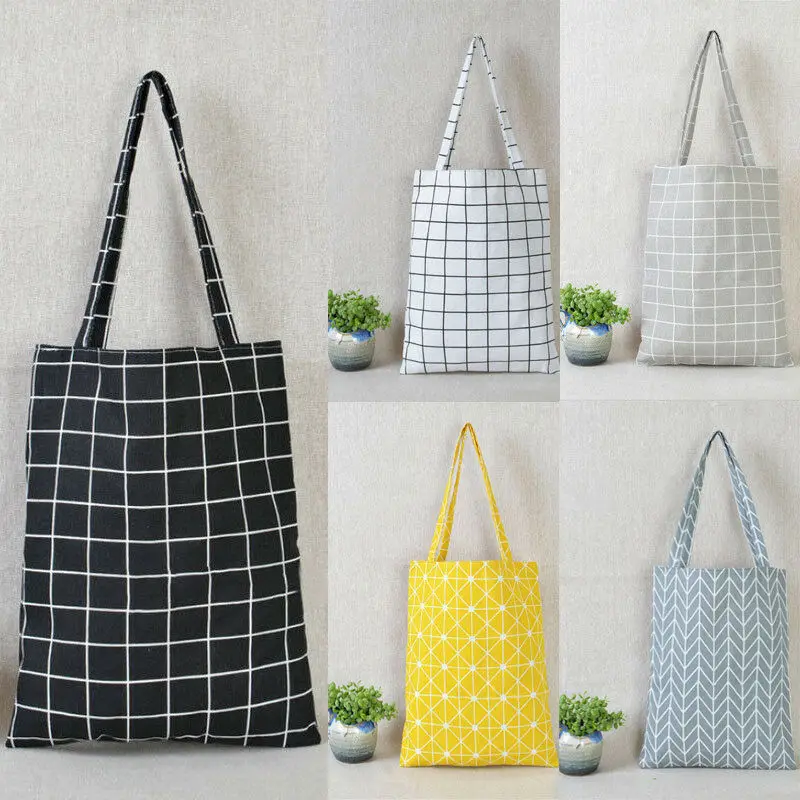 

Eco-friendly Folding Portable Grocery Tote Bags Women 5 Colors Shopper Bag Plaid Linen Cotton Canvas Shopping Shoulder Bags