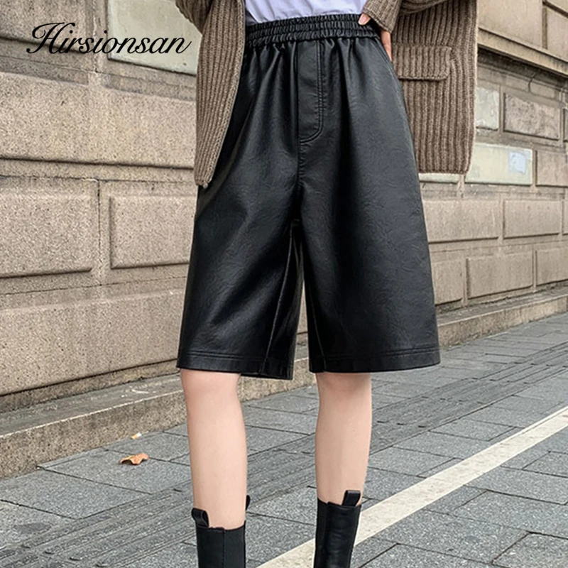 

Hirsionsan 2020 Winter Knee Length Leather Women Pants Loose Patchwork Straight Pants Korean Female Faux Pants with Pockets