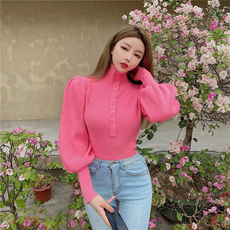 

Special Design Turtleneck Sweater Autumn Winter Sweetwear Fashion Lantern Sleeve Casual Solid Color Pullover Pull Femme Buttons