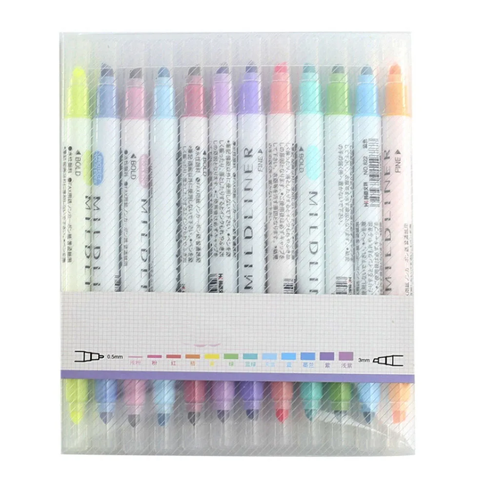 

12 Pcs Set Japanese Stationery Zebra Mild Liner Double Headed Watercolor Fluorescent Pen Pastel Marker Brush Pen Highlighter