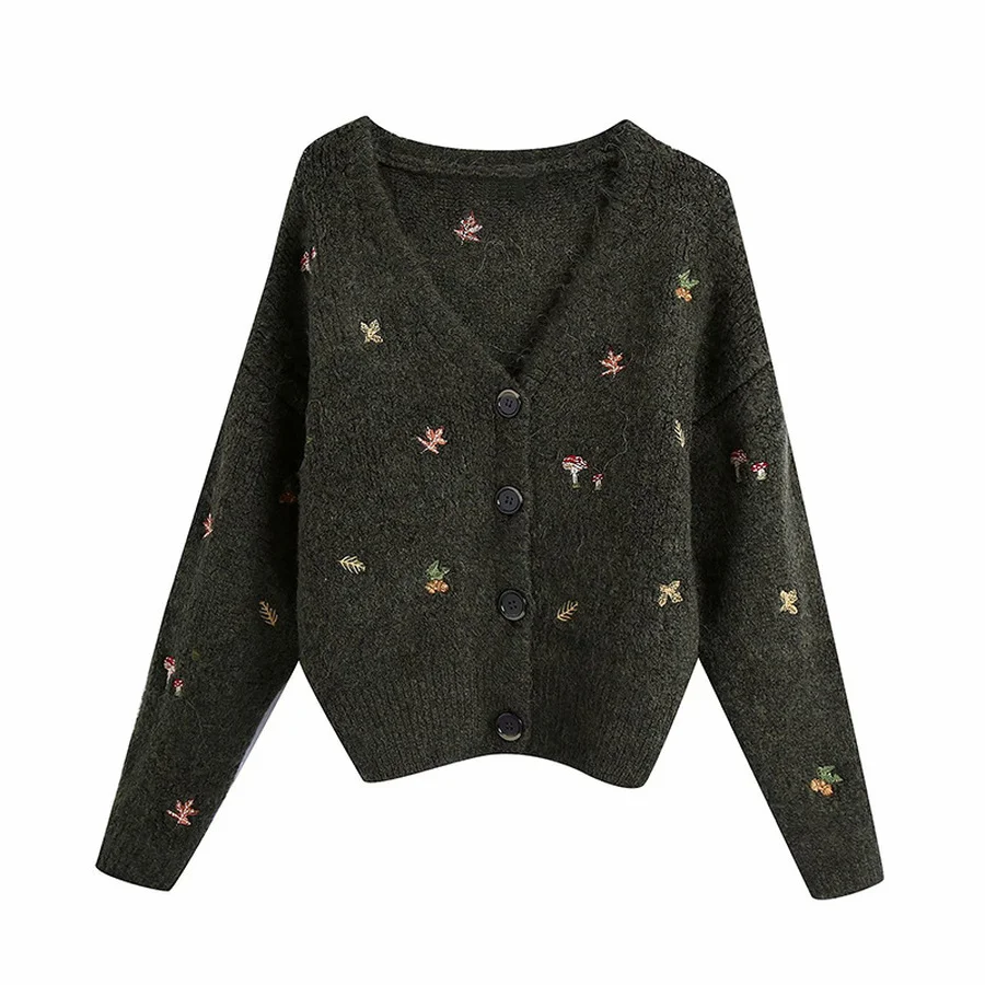 

BoozRey Women Vintage Knit Cardigan with Embroidery Long Sleeves V-neck Ribbed Trims Cardigan Female Elegant Sweater Outerwear