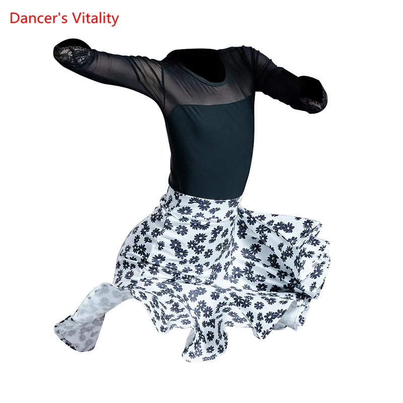 

Latin Dance Set Mesh Body Suit Long Sleeve Printing Skirt Practice Clothes Profession Custom Adult Child Performance Clothing
