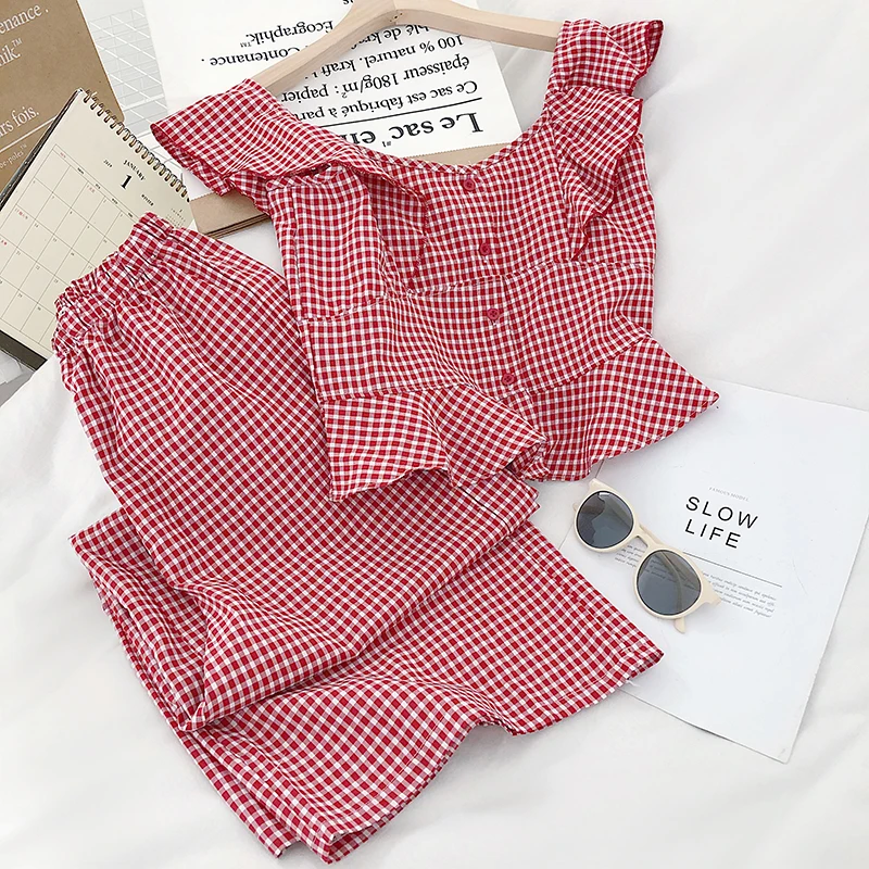 Весенне летний клетчатый жилет в Корейском стиле с оборками и круглым вырезом