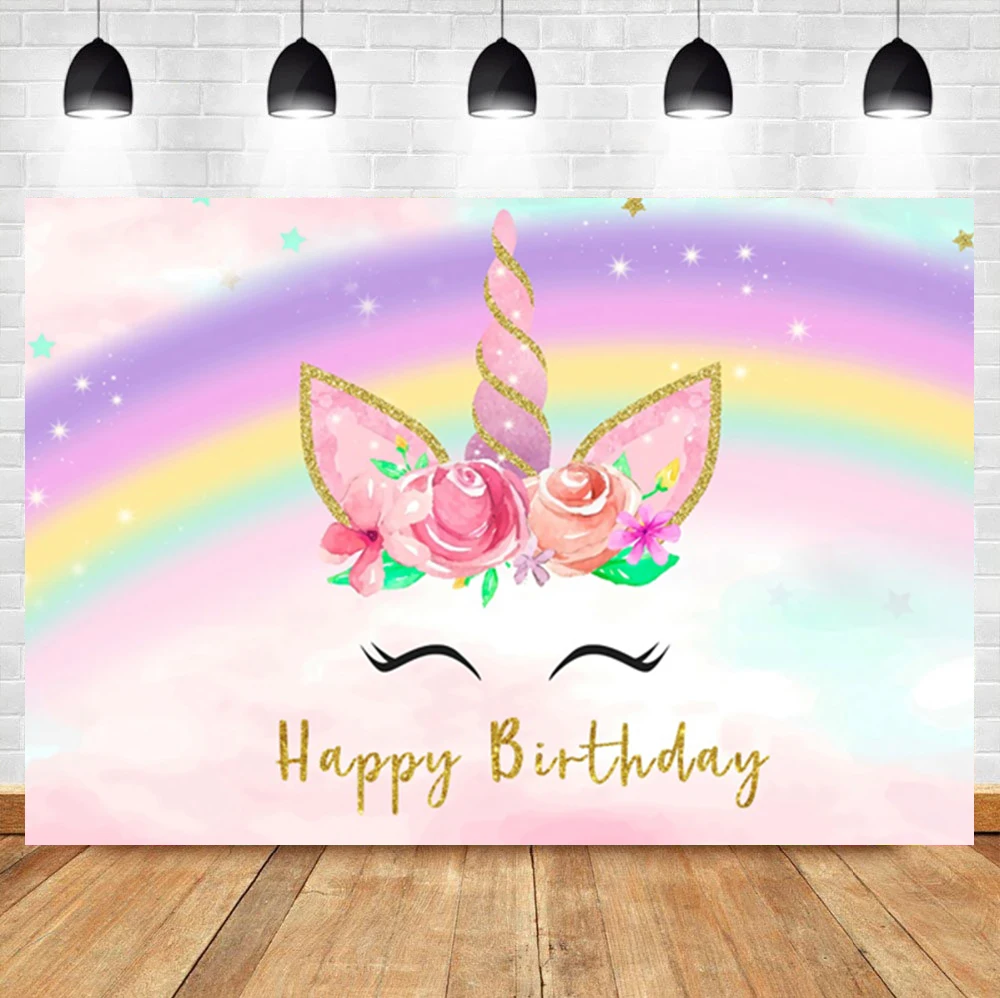 

Laeacco Cartoon Rainbow Unicorn Baby Birthday Custom Photo Photography Backdrop Photographic Photo Background For Photo Studio