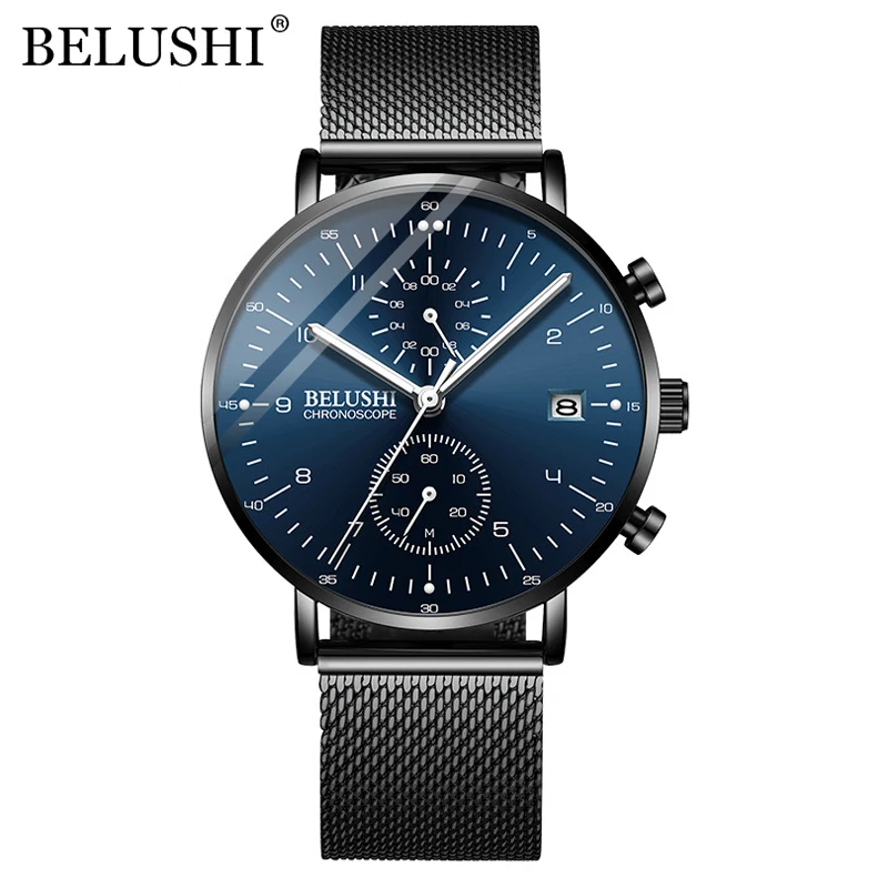 Мужские модные часы BELUSHI топовые брендовые Роскошные ультратонкие сетчатые