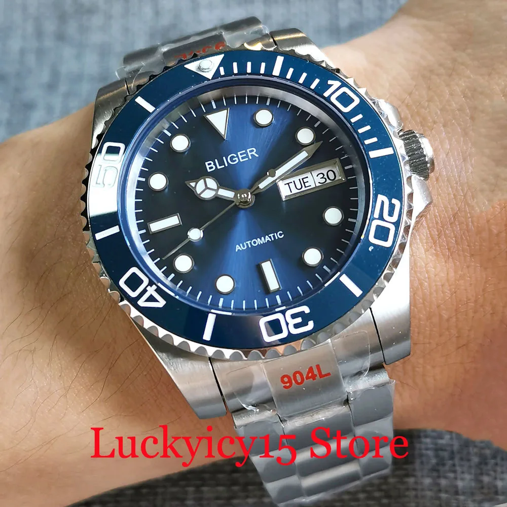 

BLIGER Sunburst Blue Japan NH36A Automatic Men Watch Middle Brushed Bracelet Ceramic Insert Luminous Index Glide Lock