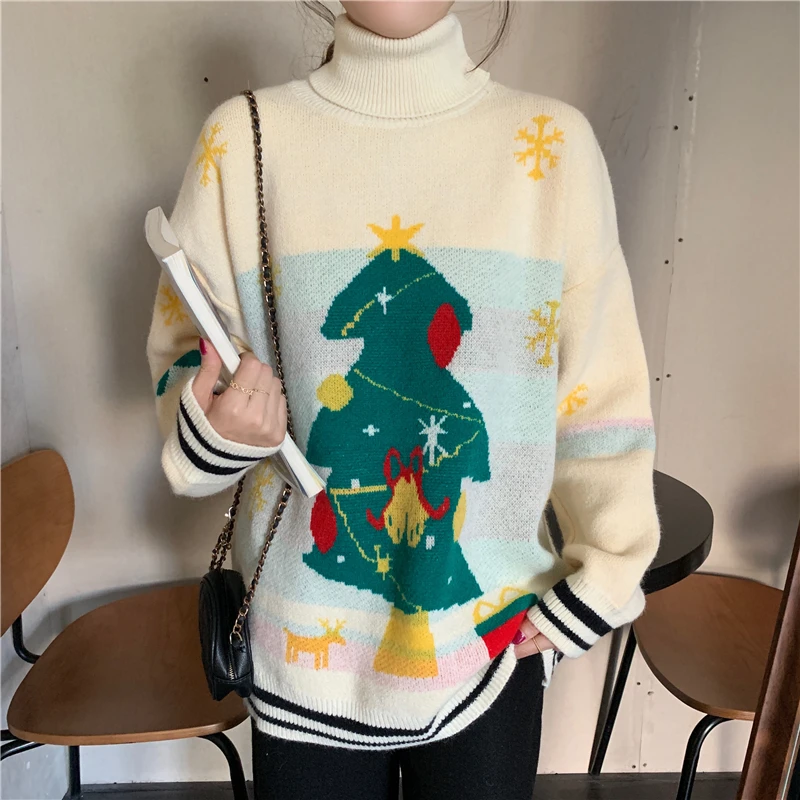 

Hzirip New Autumn Winter Thick Turtleneck Knitted Pullover Tops Christmas Sweater Women Loose Elegant Warm Print Sweaters Female