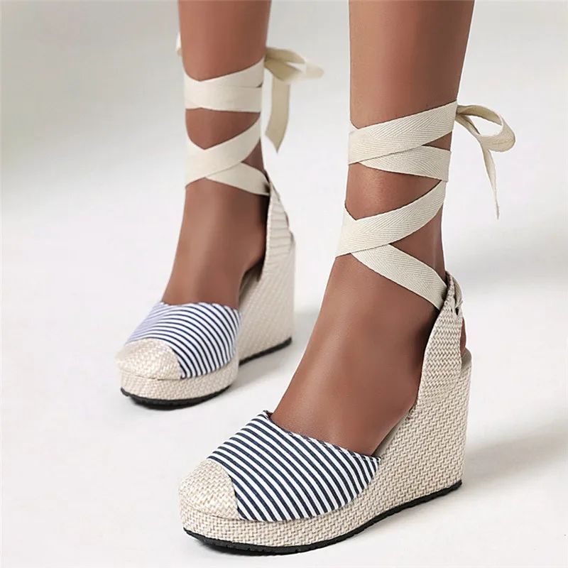 

Womens Sandals Platform Espadrilles Wedges Shoes Designer Closed Toe Slingback Sandals Lace Up Summer Sandles High Heels Stripe