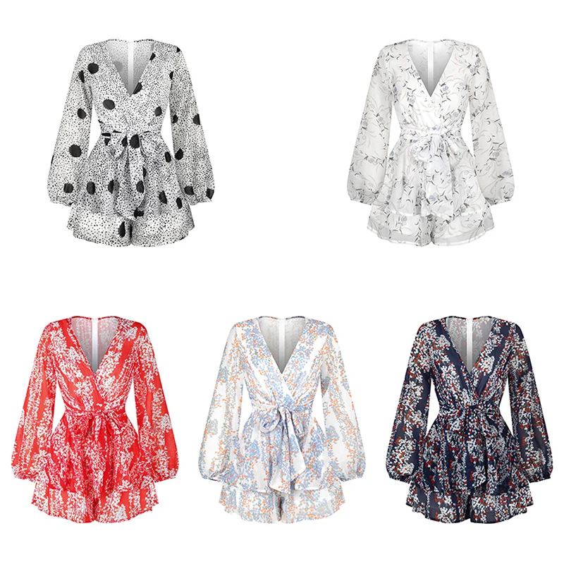 

WYBLZ Summer Women Dress V Neck Chiffon Print Self-tie Knot Front Ruffles Dress Female Sexy Short A Line Party Vestidos 2021 New